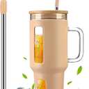 Kodrine 40 oz Glass Tumbler with Handle, Iced Coffee Tumbler with Straw and Bamboo Lid, Glass Drinking Cup with Silicone Sleeve Time Marker, Water Bottle Dishwasher Safe, Cup Holder Friendly, Amber