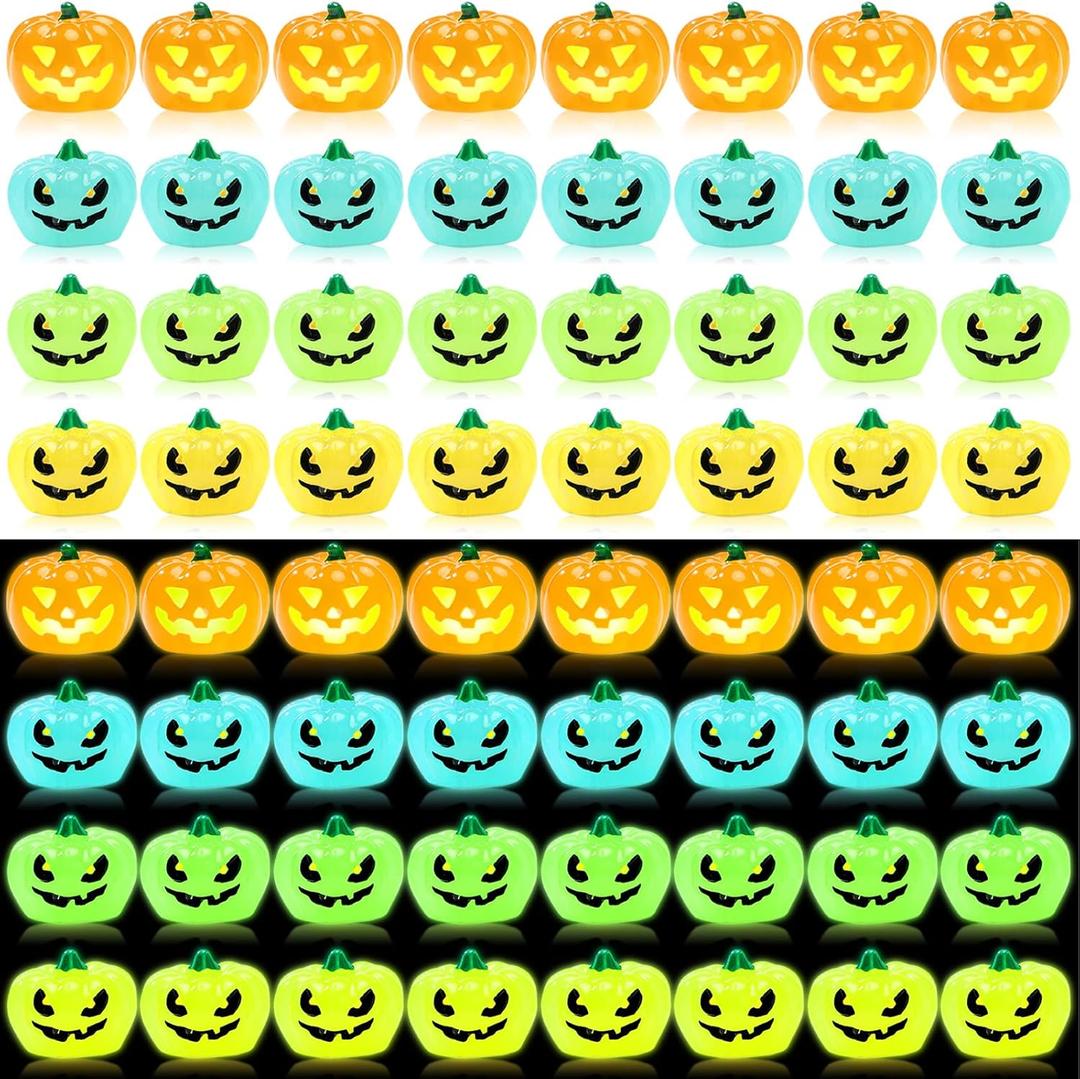 48 Pcs Halloween Mini Resin Pumpkin Bulk Miniature Glow in The Dark Pumpkin Decoration Tiny Resin Figurines Luminous Table Decor for Halloween Party Cake Decoration Home Craft DIY Gift