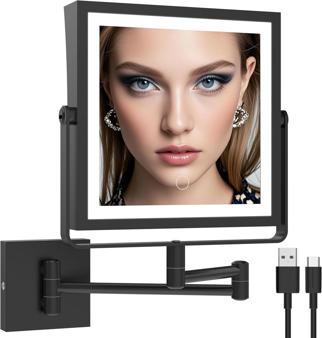 Ruacq Rechargeable Wall Mounted Makeup Mirror with Lights, Double Sided 1X/10X Magnifying Vanity Mirror with 3 Color Lighting, Touch Screen Dimmable, 360 Rotation Extension Foldable Arm(Matte Black)