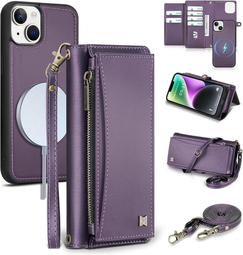 Wallet Case for iPhone 14 with Card Holder/Crossbody Wallet/Strap| RFID Blocking | Magnetic | Kickstand | Detachable | PU Leather Phone Case for iPhone 14,6.1 in,Purple