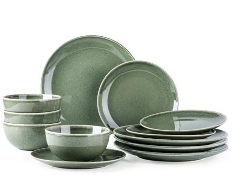 AmorArc Ceramic Dinnerware Sets for 4, 12 Pieces Handpainted Plates and Bowls Set, Scratch Resistant Stoneware Dishes Set, Dishwasher & Microwave Safe, Jade Green