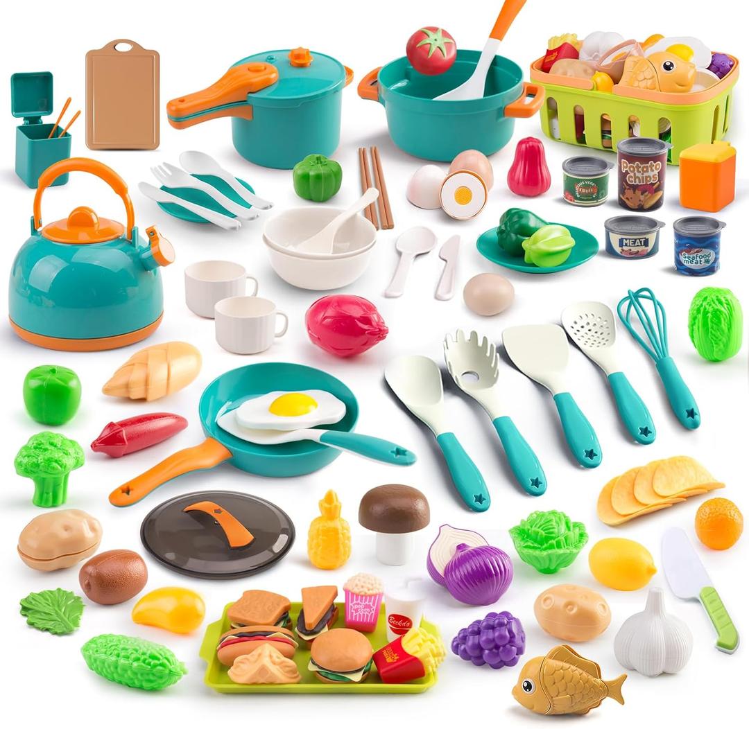 118Pcs Mini Play Kitchen Accessories for Kids, Pretend Cooking Playset with Cookware, Tableware & 2 Fruit Sets, Learning Gift for Girls, Boys, Toddlers, Green