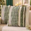 ANRODUO Pack of 2 Boho Decorative Throw Pillow Covers 18x18 Farmhouse Cushion Case Striped Chenille Pillow Cases Square Pillow Covers Accent Neutral Pillowcase for Sofa Couch Bed, Olive Green Stripe