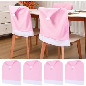 Christmas Chair Covers Set of 4 Santa Claus Hat Chair Back Covers Xmas Slipcover for Christmas Kitchen Dinning Room Decoration Table Decor(Pink)