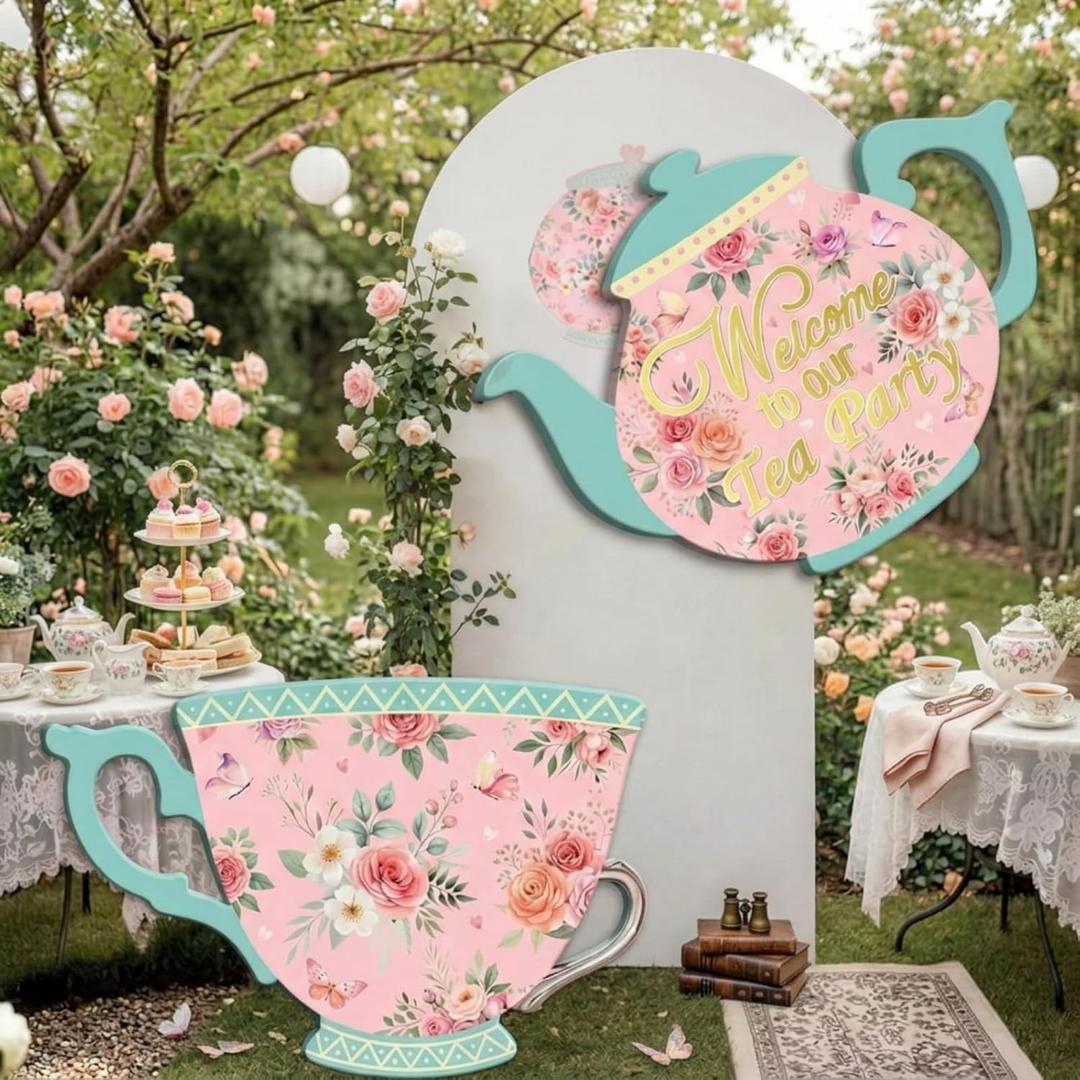 Novabright 2 Pcs Large Tea Party Cardboard Large Tea Party Decorations Teapot and Teacup Cutout Stand Decor Pink Floral Wonderland Garden Yard Sign for Baby Shower Wedding Birthday Favors