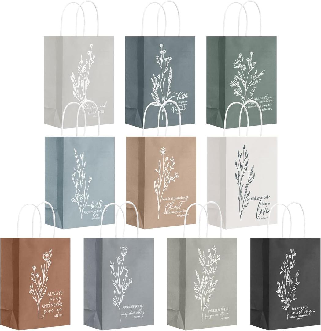 Kolldenn 10 Pcs Christian Bible Verse Gift Bags Religious Church Goodie Bags with Handles for Mothers Day Women Men Scripture Baptism Birthday Party Favors Neutral Aesthetics Wrapping Supplies