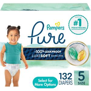 Pampers Pure Baby Diapers, Size 5 (27+ lbs), 132, Up to 100% Leakproof, Premium Hypoallergenic Soft Diapers