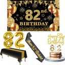 82nd Birthday Decorations Men Women with Banner, Black and Gold Table Cloth, Number Balloons, Sash, Cake Topper and Candles