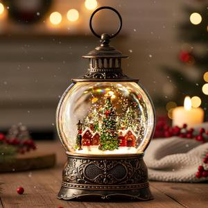 Christmas Village Snow Globe Lighted Christmas Tree and Village Scene, Musical Snow Water Lantern Swirling Glittering Home Decoration and Gift, Battery Operated or USB Powered