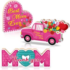 3 Pieces Mother's Day Wooden Tabletop Sign Thank You Mom Wood Sign Happy Mother's Day Quotes Wooden Block Sign Freestanding Mother Saying Wood Sign for Table Centerpiece Home Table Holiday Decor