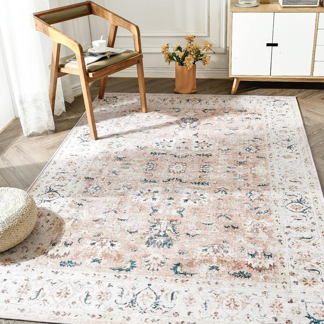 jinchan Area Rug 3x5 Entryway Rug - Washable Vintage Boho Floral Floor Cover Lightweight Low Pile Indoor Doormat Thin Non-Slip Carpet for Kitchen Living Room Bedroom Dining Room Office Pink Blush (3' x 5' (Rectangular), Distressed Pink)