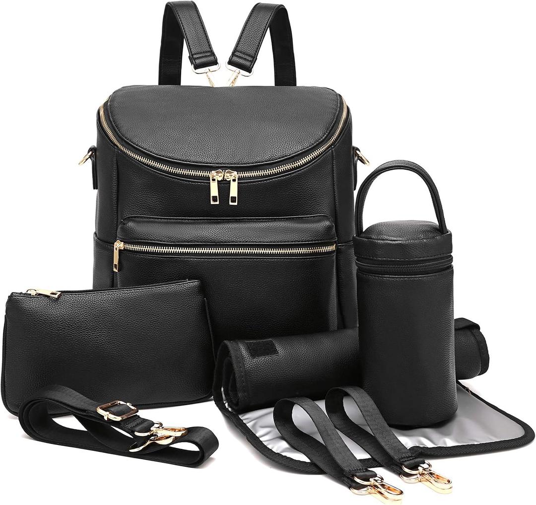I IHAYNER Diaper Bag Backpack Leather Backpack for Women Travel Backpack Baby Bag Large with Troller Straps Capacity for Wet Clothes, Breast Pump, Milk Bottle Black