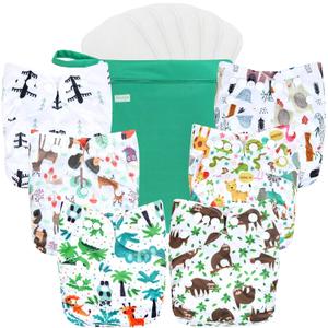 wegreeco Cloth Diapers 6 Pack with 6 Inserts & 1 Wet Bag, Washable Cloth Diapers for Babies, One Size Adjustable Reusable (Forest, Animals)