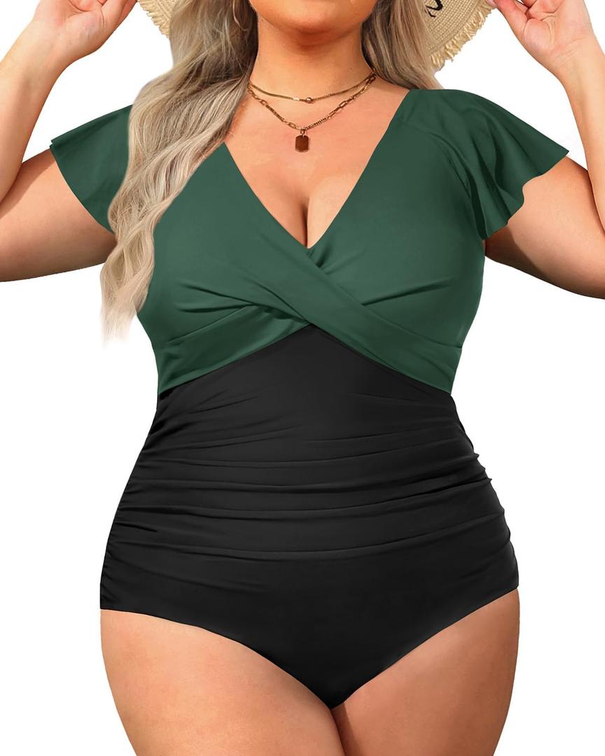 Yonique Plus Size One Piece Swimsuits For Women Tummy Control Bathing Suits Full Coverage Swimwear (Green and Black01, 18W)