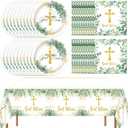 Naozinebi 41 Pcs God Bless Plates Baptism Tableware First Holy Communion Mi Bautizo Disposable Plates Napkins Tablecloth for Newborn Baby Shower Party Christening Religious Party Decorations