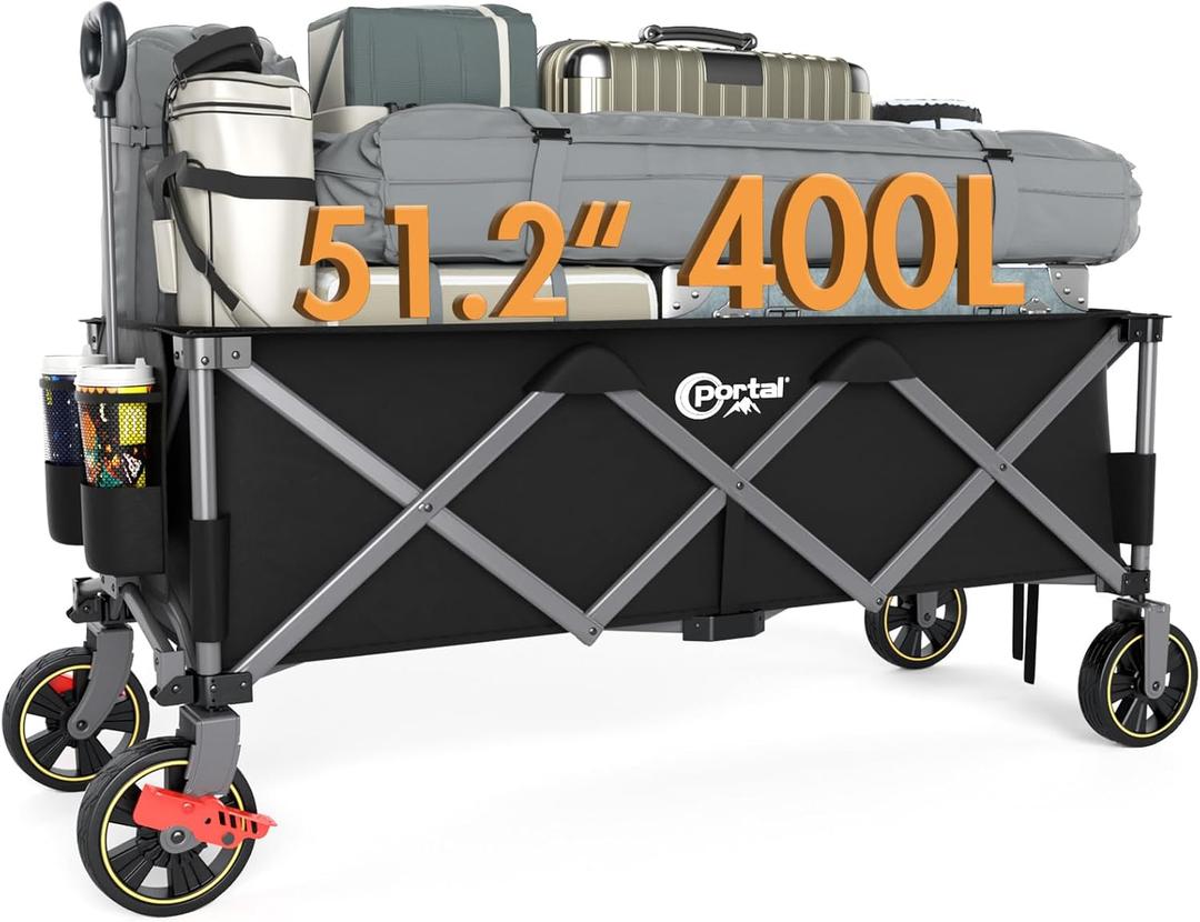 PORTAL 51.2" Long Wagons Carts Foldable with Brakes, Large Foldable Wagon with Cargo Net, Side Pocket, Cup Holders, 350 LBs Heavy Duty Utility Grocery Wagons for Sports, Camping (Black)