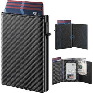 typecase Men's Wallet Card Holder: Pop Up Aluminum Case, Genuine Leather, Smart, RFID Blocking, Slim, Minimalist, Front Pocket - 9-14 Card Capacity | ID Window | Cash Slot (Carbon Fiber)