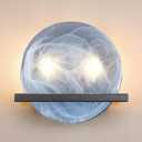2 Light 10" Round Bllue Glass Bathroom Wall Sconce Modern Concise Style Wall Light Fixture,Black Finish for Bedroom Hallway Bedside