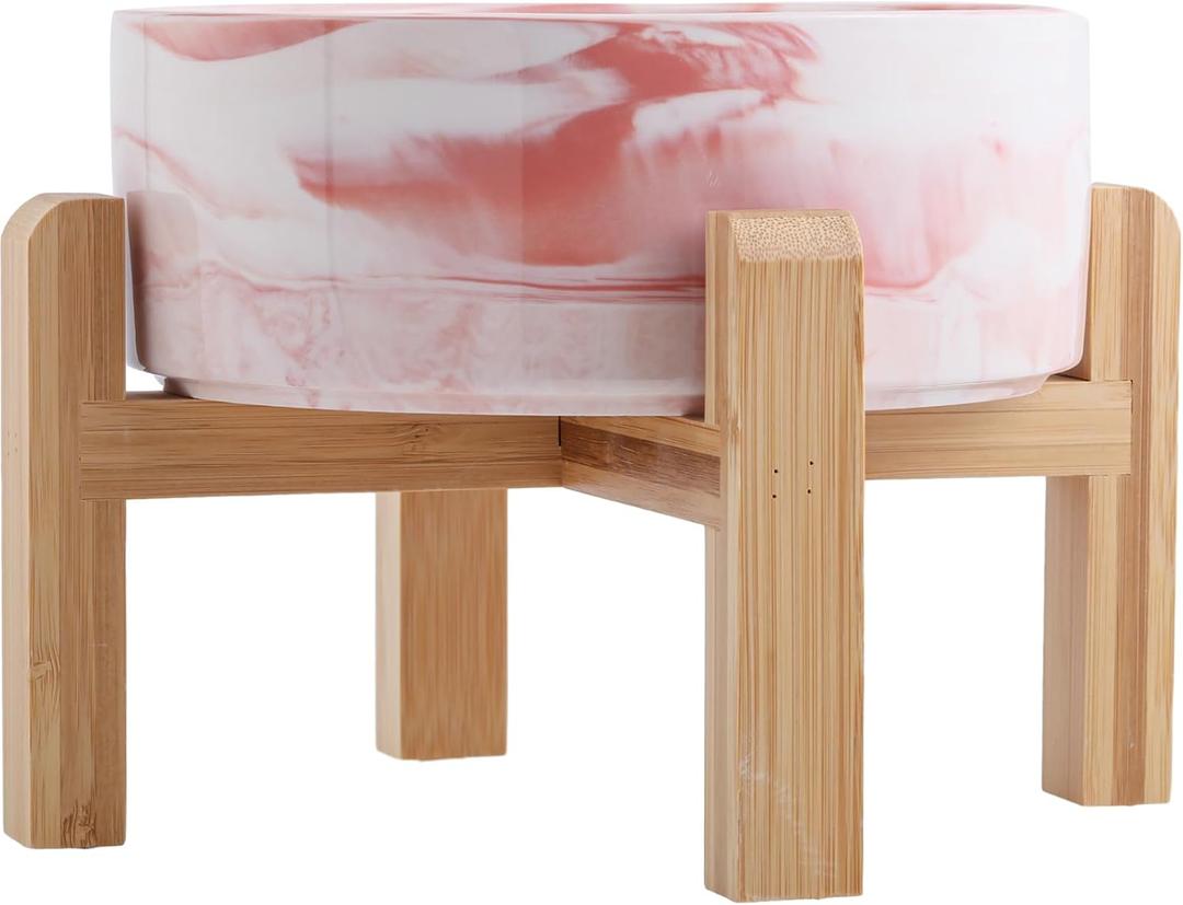 Elevated/Raised Dog Bowl Ceramic with Wood Stand for Medium Large Breed,Dog Food Water Dish Heavy Weighted, 8 in Non Slip Porcelain Pet Bowl Extra Big Marble Pink
