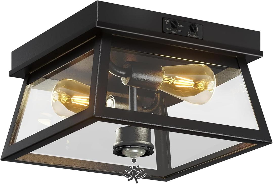 Motion Sensor Outdoor Ceiling Light, Flush Mount Black Porch Ceiling Lights Adjustable 2-Light Fixture with E26 Sockets, Closed Bottom, Glass and Metal for Garage, Patio, Hallway, Farmhouse