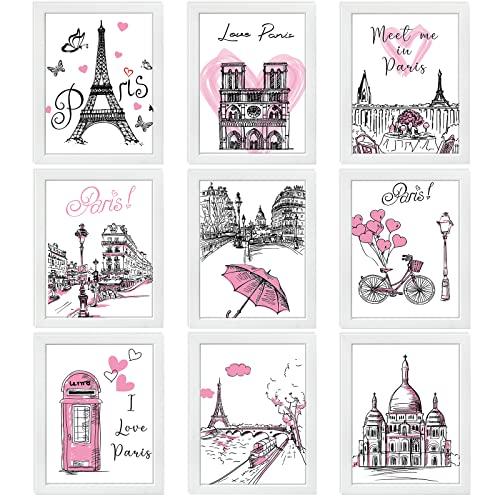 Spakon 9 Pieces Paris Bathroom Decor Paris Theme Wall Art Room Decor Romantic Pink Eiffel Tower Wall Art Bedroom Pictures