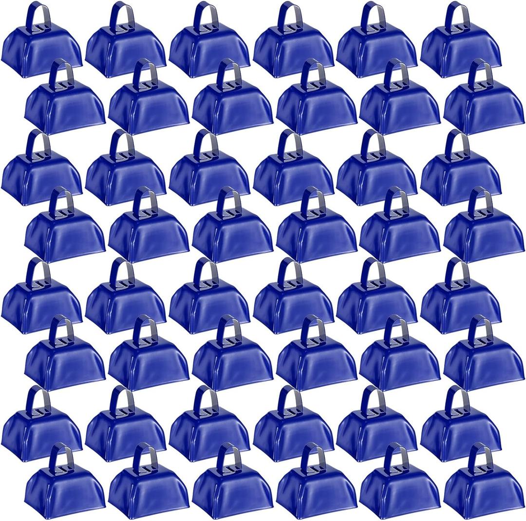 Yeshone 48 Pcs Metal Cowbells with Handles Loud Noise Makers Small Hand Percussion Cowbells for Football Events, Wedding, Graduation Team Cheering(Dark Blue)
