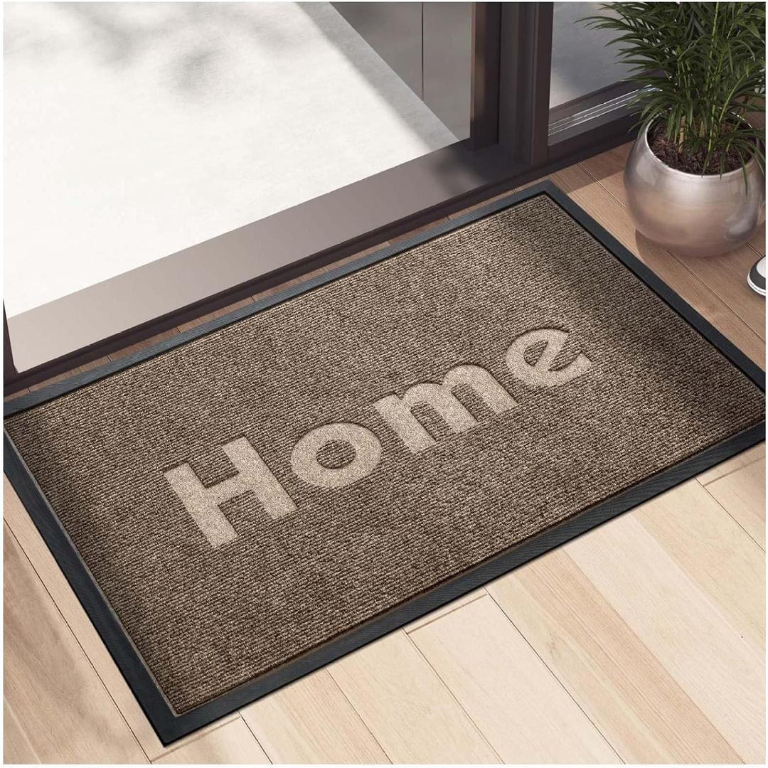 Indoor Outdoor Doormat, Non-Slip Front Door Rug Washable, Low Profile Entry Rug, Heavy Duty Welcome Mat, Dirt Trapper for Entryway, Brown, 18x29 Inches
