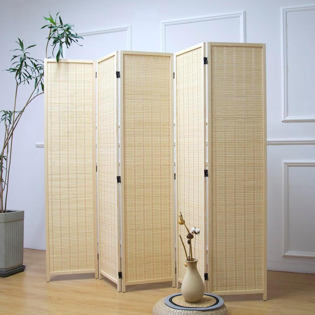 Furnnylane 5 Panel Bamboo Room Divider 5.6 ft Tall Folding Privacy Screen, Natural Beige Freestanding Room Partition Wall for Home Office (67" x 76.75", 5-Panel)