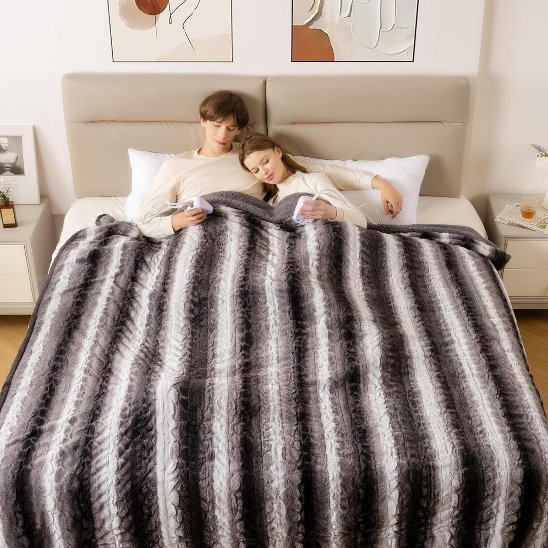 Bearhug Electric Blanket King Size 100" x 90" Dual Controllers Heated Blanket, 10 Heat Settings, 1-12 Hour Auto Shut-Off, Faux Fur & Sherpa Dual-Sided, Machine Washable, Gift-Ready Elegant Packaging (Cocoa Fade Stripe)