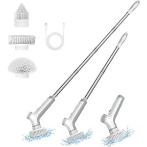 VEWIOR Electric Spin Scrubber, Cleaning Brush Electirc with 3 Replaceable Brush Heads Cordless, Shower Scrubber for Cleaning with Adjustable Handle and Power Dual Speed for Bathroom Tub Tile Grout (White)