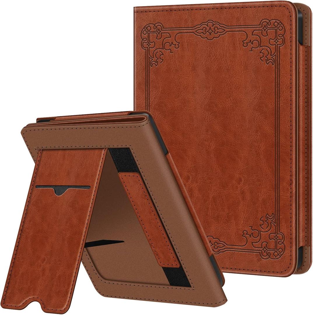 Fintie Stand Case for 6" Kobo Clara Colour (2024) /Clara BW (2024) /2E (2022) eReader - Premium PU Leather Protective Cover Auto Sleep/Wake with Card Slot and Hand Strap, Brown