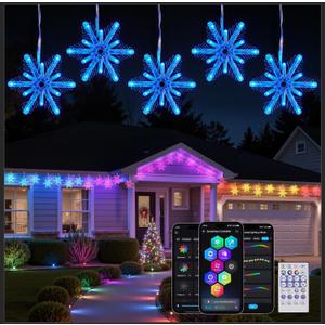 Brightown Smart Christmas Snowflake Lights, 36ft 288LED with 24 Drops Outdoor Icicle Lights with Music Sync & APP Control, Waterproof Connectable, 80+ Scene Modes for Roof, Yard, Window, Patio