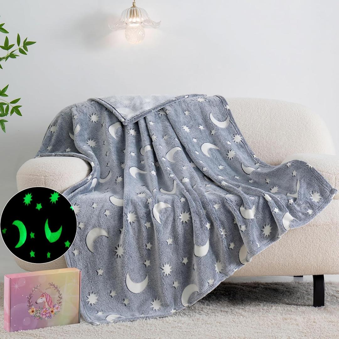 QSTEHEML Moon Glow in The Dark Blanket,Star Gifts Toys for Boy Birthday for Age 3-12 Years Old,Throw Blanket for Kids Soft Luminous Blanket for Son 50"60"