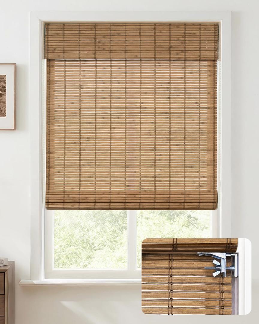 UNISHADES No Drill Cordless Bamboo Roman Shades, 27x64 in, Teak