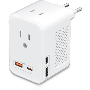 SARQW 220V to 110V Voltage Conversion Plug Adapter for Traveling from USA to Europe with 2 USB and 2 USBC Ports PD 20 W, 2 AC Outlets International Power Adapter