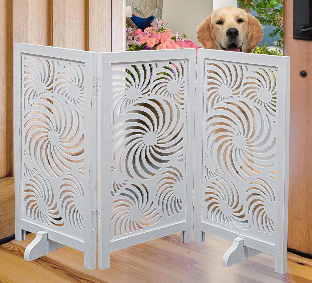 Freestanding Dog Gate 48", Foldable Wooden Pet Barrier, Sunflower Design