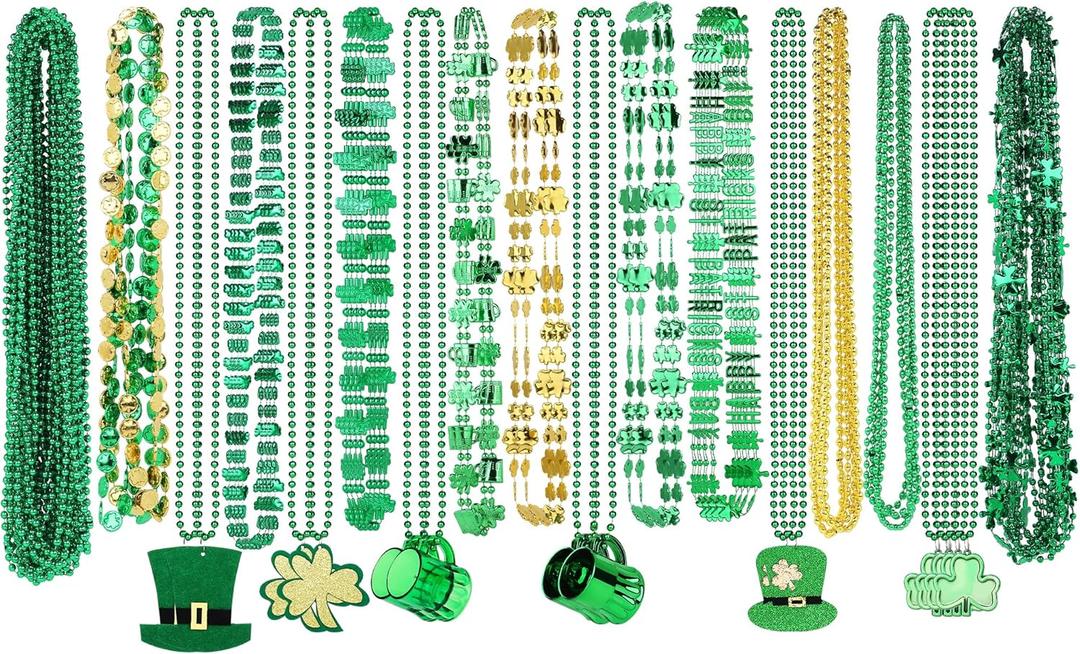 Fovths 100 Pieces St Patrick's Day Beads Necklaces Bulk 18 Kinds of Pendants Green Shamrock Coins Hat St Patricks Beads Necklace for Parade St Patrick's Day Decoration Party Supplies