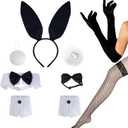 Bunny Costume Set - Ear Headband, Collar Cuffs, Rabbit Tail & Accessories for Halloween & Easter (9 Pcs Black)