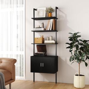 Gadroad 5 Tier Tall Bookshelf with Cabinet, 73" Modern Bookcase, Wall Mounted Ladder Bookshelf with Stable Metal Frame, Open Display Rack, Storage Shelves for Bedroom, Home Office, Black