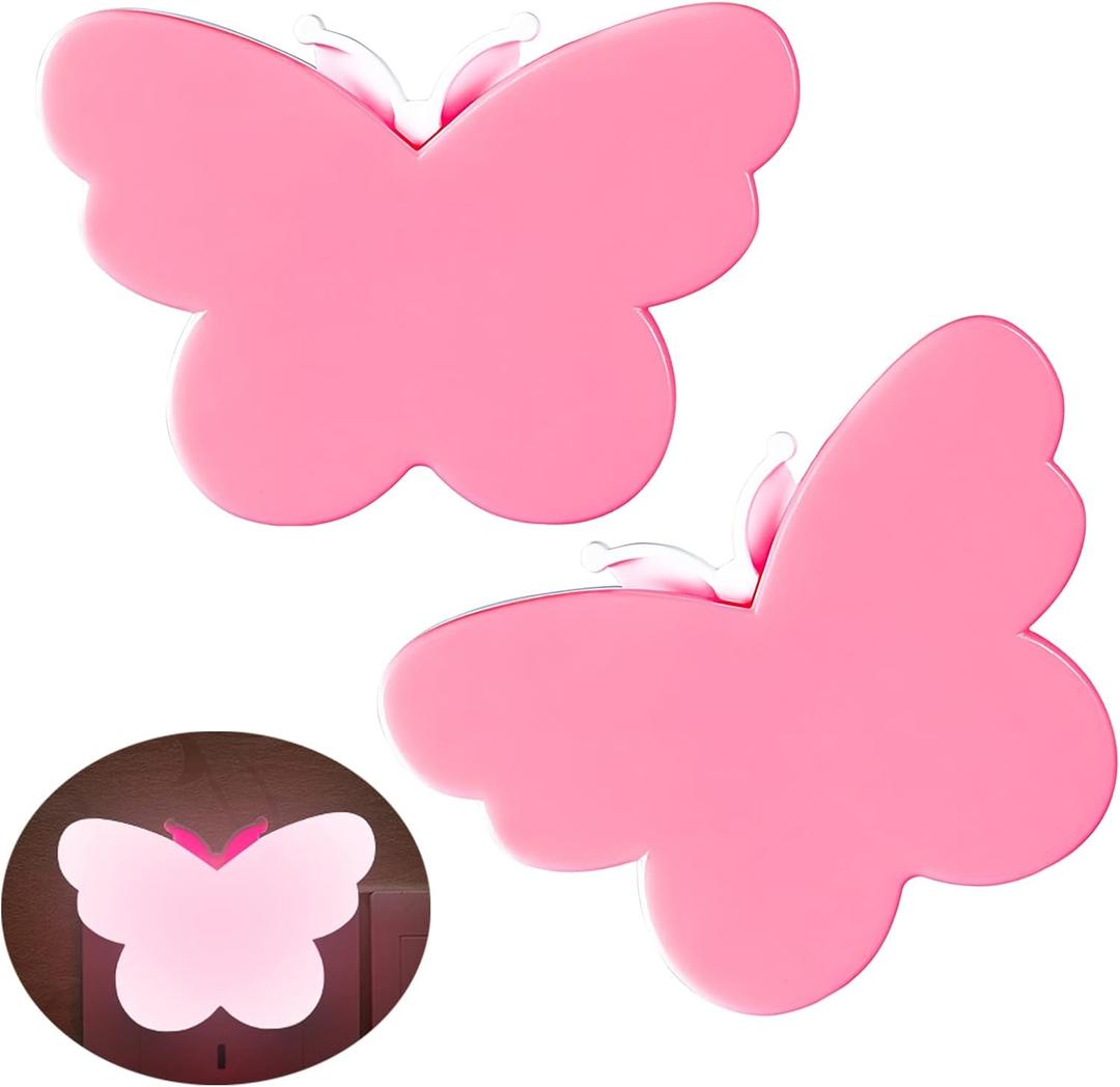 DASITON Pink Butterfly Night Light Plug Into Wall, Auto Dusk to Dawn Smart Sensor Night Light, Suitable for Living Room, Bedroom, Bathroom, Kitchen Hallway Dormitory, Kids, Adults (2 Pcs)