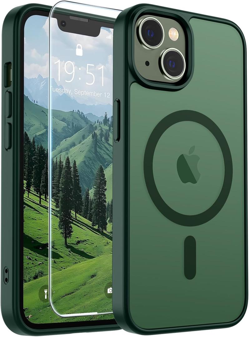 SUPFINE Magnetic for iPhone 15 Plus Case & iPhone 14 Plus Case(Compatible with MagSafe)(Military Grade Drop Protection) Slim Translucent Shockproof with Anti-Fingerprint Phone Case,Forest Green