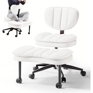 Cross Legged Office Chair, Ergonomic Cloud Criss Cross Desk Chair, Meditation Chair with Wheels, Height Adjustable Seat for ADHD, Wide Kneeling Chair with Back Support, Corduroy Fabric, White