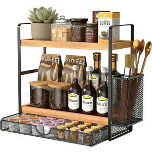 2 Tier Spice Rack Organizer for Countertop with Drawer and Basket, Suitable for Coffee Organizer, Kitchen Counter Storage, Bathroom Storage