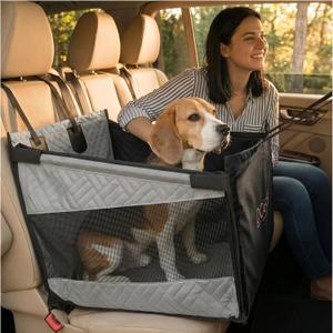 Dog Car Seat Cover with Hard Bottom Back Seat Extender for Dogs Up to 35 lbs, Waterproof Non-Slip Hammock, Rigid Reinforced Base with Triple Security System, Storage Pockets, fits Cars SUVs Trucks