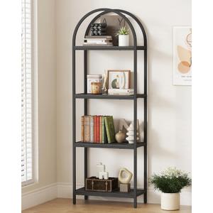 Yusong Bookshelf 4 Tier Arched Bookcase, 71.3" Tall Industrial Open Book Shelves for Living Room, Modern Freestanding Display Shelving Unit Storage Rack with Metal Frame, Office, Bedroom, Black