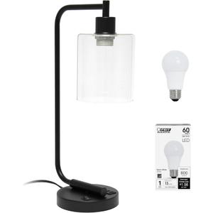 Simple Designs LD1066-BLK-LB Industrial Vintage Bronson Iron Lantern Desk Table Lamp with USB Port and Glass Cylinder Shade for Office, Living Room, Bedroom, Black, with Feit LED Bulb Included