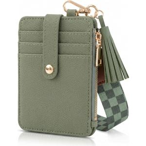 Stylish Wristlet Keychain Wallet for Women - Slim Design Credit Card Holder w/ Plenty of Storage incl. Clear ID Window & Zipper Pocket - Easy Carry RFID Blocking Wallet w/ Tassel, Lanyard & Gold Rings (Sage)