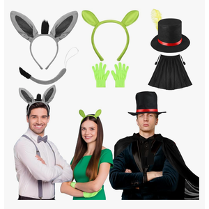 3 Sets Halloween Trio Costume Cosplay Accessories Green Ogre Ear Headband and Glove Donkey Headband and Tail Puss Cat Boots Hat with Cloak Family Halloween Costumes for 3 Dress up Accessories