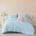 PERFEMET 5 Pieces Light Blue Queen Bed in A Bag Pom Pom Boho Bedding Set for Girls Soft Fluffy Solid Bedding Comforter Set with Sheets(Light Blue, Queen)
