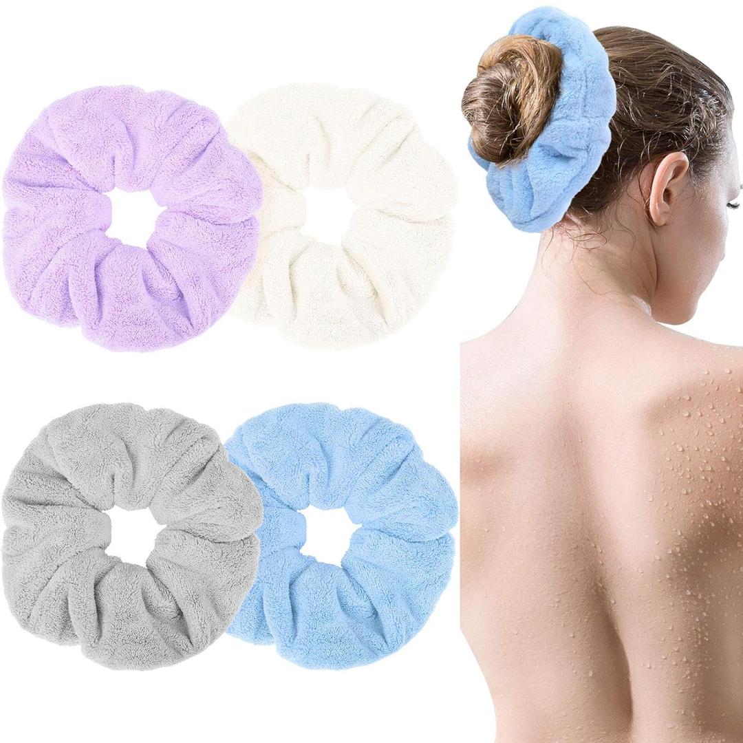 4 Pieces Large Towel Microfiber Drying Soft Scrunchies Thick Scrunchies Fuzzy Scrunchy Ponytail Holder for Hair Light Bobbles Ropes Wet and Dry Hair Accessories (Chic Colors)